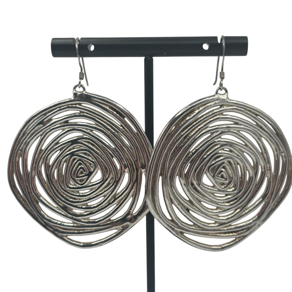 Sterling Silver 925 Large Concentric Swirl Drop Earrings Boho Statement Round